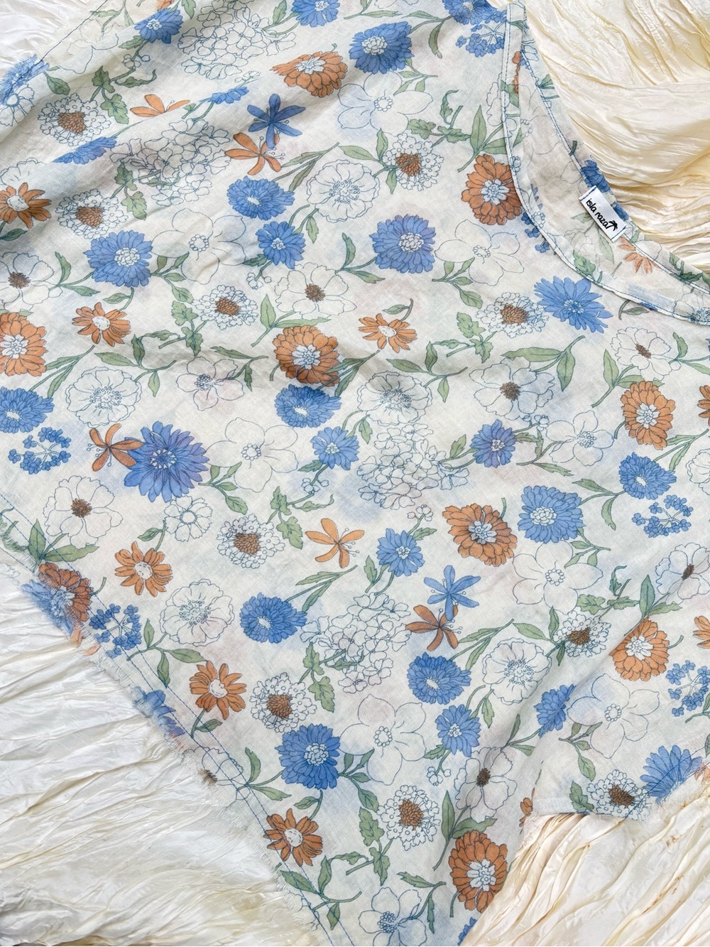 Vintage-Inspired Floral Crop Top in Blue & Tan Linen Blend Sheer XL - Picture 11 of 11